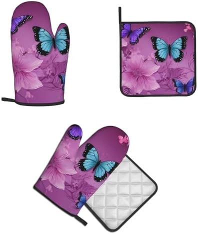 Quopvn Purple Butterflies Oven Mitts Pot Holders Non-Slip Kitchen Glove Set