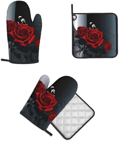 Pretty Roses Heat-Resistant Oven Mitt and Pot Holder Set