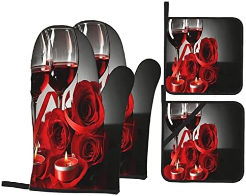 DONMYER Red Rose Oven Mitts and Pot Holders Set of 4