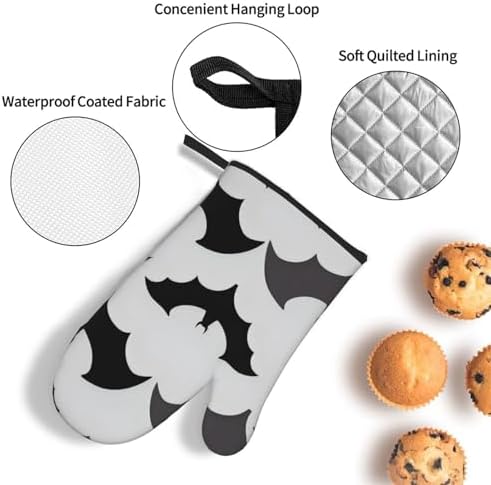 3-Piece Oven Mitts Set for Halloween Bats Grey Pattern