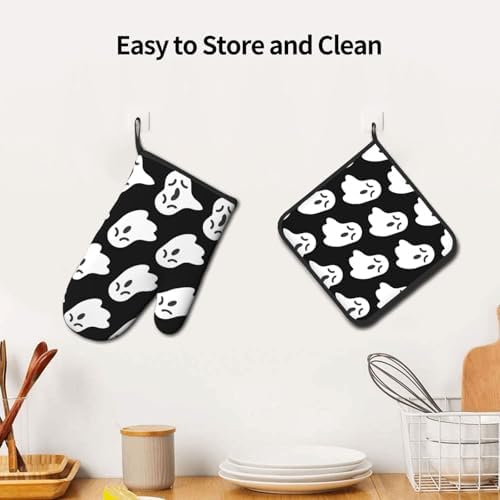 Cute White Ghost Oven Gloves for Cooking and Baking with Halloween Patterns