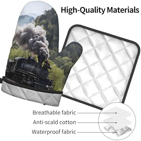 Steam Locomotive Train Printed Oven Mitts and Pot Holders 2 Piece Set