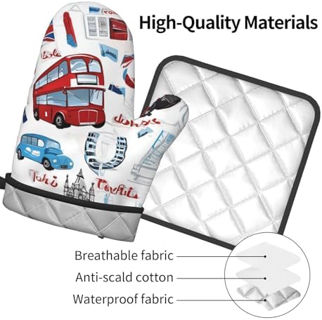 Quopvn London Printed Oven Mitts and Pot Holders 2pcs Set
