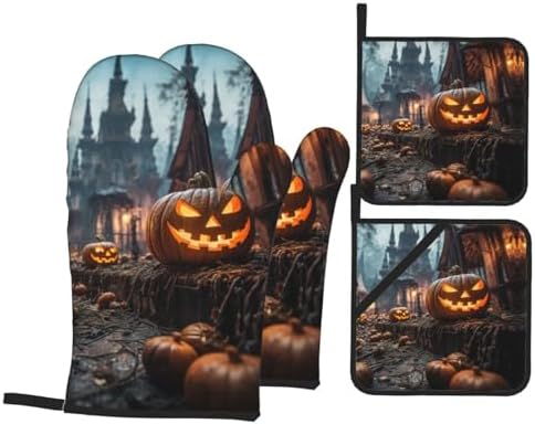 Halloween Pumpkins Print Oven Mitts and Pot Holders Set for Kitchen Use