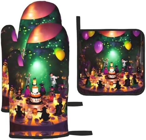Halloween Party Oven Mitts and Pot Holders Set - Durable Heat Resistant Kitchen Gear
