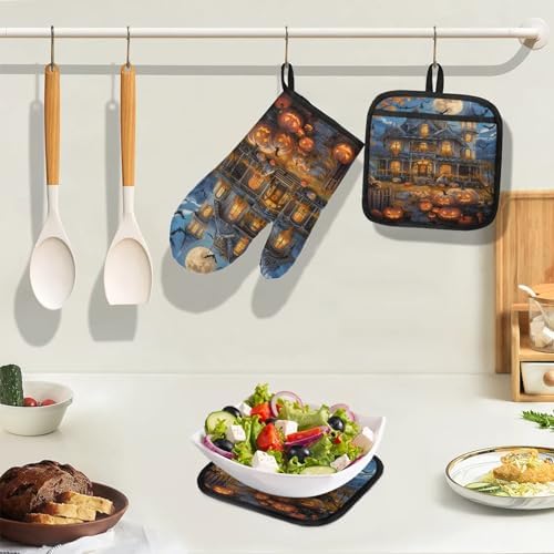 TropicalLife Halloween Pumpkin Moon Oven Mitts and Pot Holders 4Pcs Set