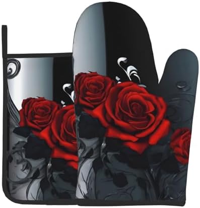 Pretty Roses Heat-Resistant Oven Mitt and Pot Holder Set