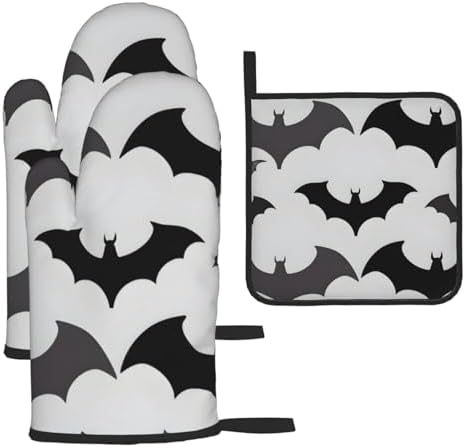 3-Piece Oven Mitts Set for Halloween Bats Grey Pattern