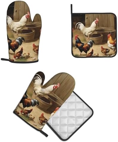 Roast Chicken Hen Farm Oven Mitts and Pot Holders 2pcs Set