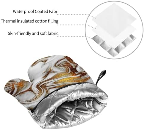 4 Pieces Gold and White Marble Oven Mitts Set with Hanging Loop