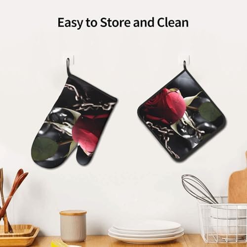 Cozy Black Rose Oven Mitts Set for Cooking