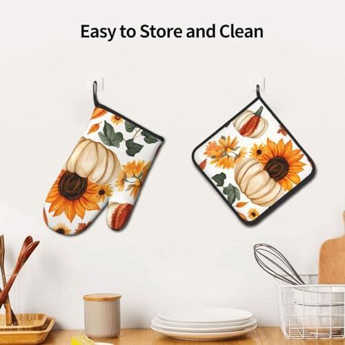 Gjieliness Halloween Oven Mitts Set with Pumpkins and Sunflowers Pattern