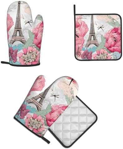Retro Dragonfly French Tower Printed Oven Mitts and Pot Holders Set of 2