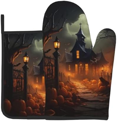 Scary Halloween Oven Mitts Pot Holders Set - Heat-Resistant Cooking Gloves Baking Pots