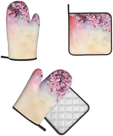 Elegant Oven Mitts Set Cherry-Printed Non-Slip Pots Pans