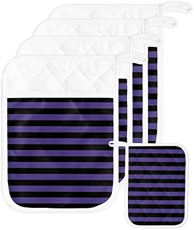 Halloween Striped Purple Potholders Set Oven Mitts for Kitchen Heat-Resistant Black