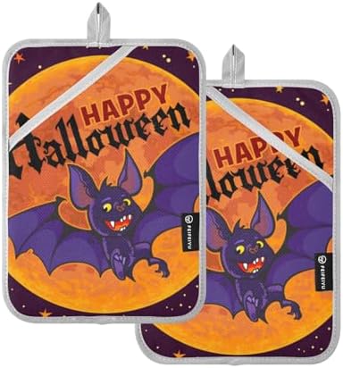 OURVII 2Pcs Halloween Bat Pot Holder Set Non-Slip Potholders with Pockets