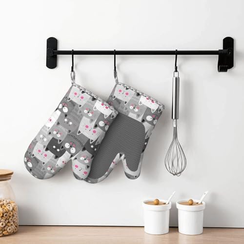 Ouqiuwa Hipster Cartoon Cute Cat Kitten Gray Oven Mitts Set of 2