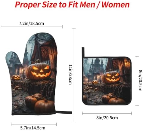 Halloween Pumpkins Print Oven Mitts and Pot Holders Set for Kitchen Use