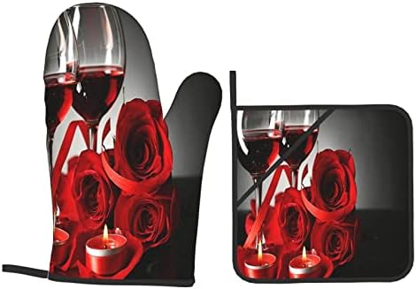 DONMYER Red Rose Oven Mitts and Pot Holders Set of 4