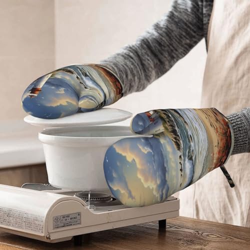 NONHAI Silicone Oven Mitts Set of 2 Sea Lighthouse Sandbeach