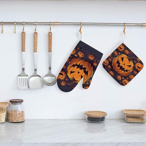 Halloween Pumpkin Oven Mitts Pot Holders Set for Cooking