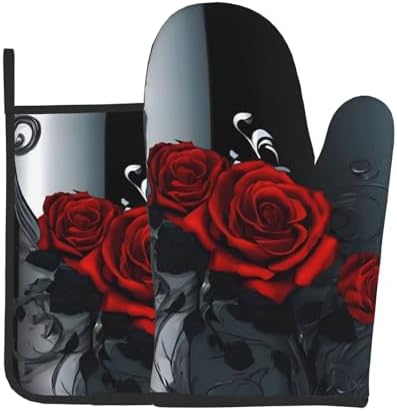 Pretty Roses Heat-Resistant Oven Mitt and Pot Holder Set