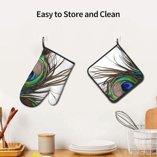Peacock Feather Printed Oven Mitts and Potholders Set