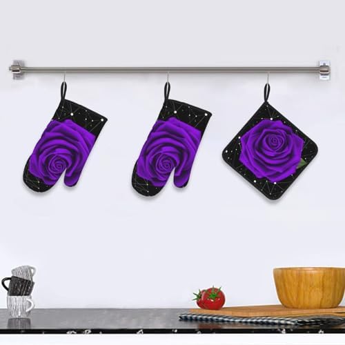 Oven Mitts Pot Holder Set of 3 Purple Rose Design