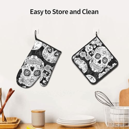 Floral Skull Oven Mitts Set Heat-Resistant Kitchen Potholders