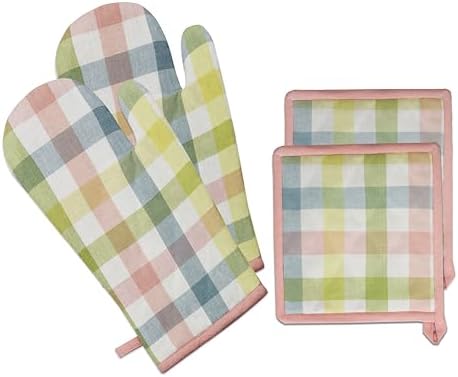 COTTON CRAFT Quilted Oven Mitt Potholder Set Gingham Buffalo Check Heat Resistant