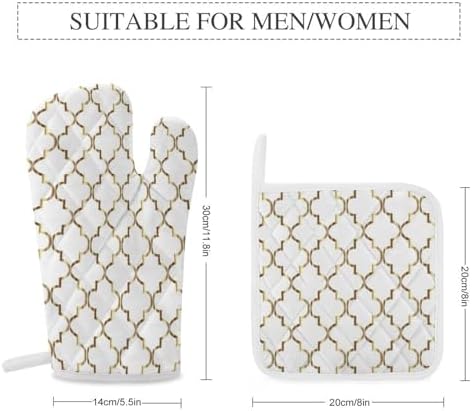 Curdesi Oven Mitts Set Heat Resistant 4PCS with Gold and White Quatrefoil Design