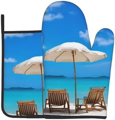 White Beach tropical ocean printed oven mitts and pot holders 2pc set