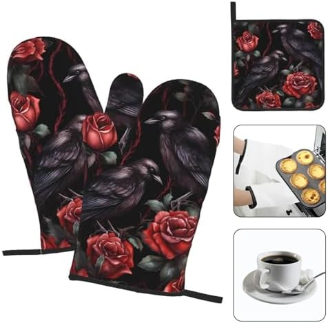 DXTKWL Halloween Rose Crows Oven Mitt Set of 3