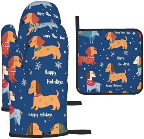 Dachshund Christmas Oven Mitts Potholders Set - Heat-Resistant and Non-Slip