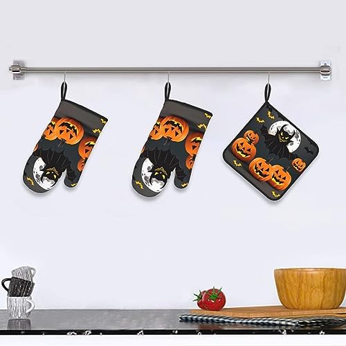 Halloween Moon Bat Pumpkin Oven Mitts Set