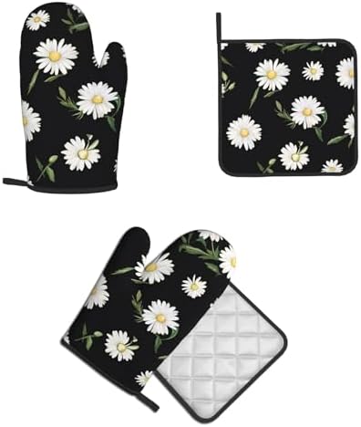 Durable Daisy Printed Oven Mitts Pot Holders Set Heat-Resistant Kitchen Gloves