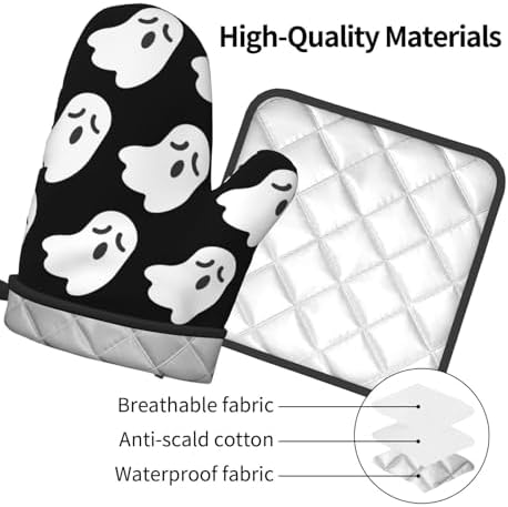 Cute White Ghost Oven Gloves for Cooking and Baking with Halloween Patterns