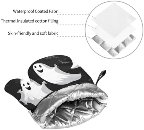 Oven Mitts Set of 4 with Heat-Resistant Black and Halloween Ghost Prints