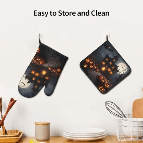 Halloween Pumpkin Print Heat-Resistant Oven Mitts Set Safe for Cooking BBQ