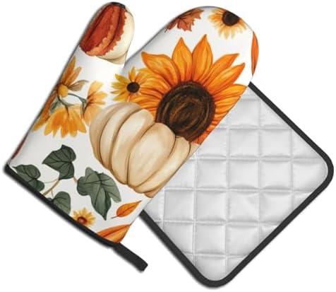 Gjieliness Halloween Oven Mitts Set with Pumpkins and Sunflowers Pattern