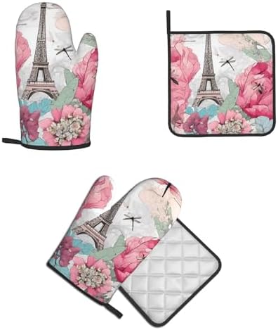 Retro Dragonfly French Tower Printed Oven Mitts and Pot Holders Set of 2