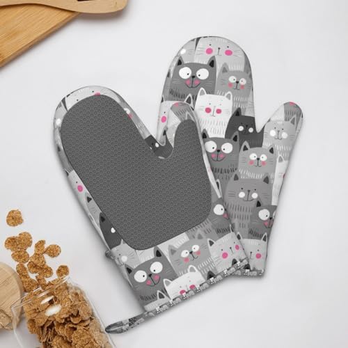 Ouqiuwa Hipster Cartoon Cute Cat Kitten Gray Oven Mitts Set of 2