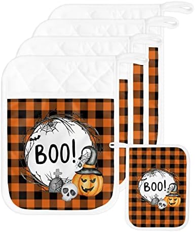 HilariousM Halloween Pumpkin Buffalo Check 5PCS Potholders
