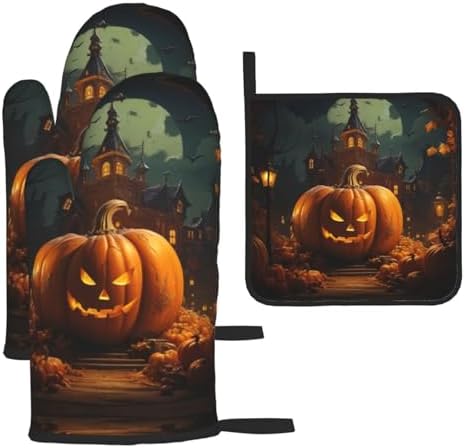 XTUAG pumpkin Halloween oven mitts and pot holders 3 piece set