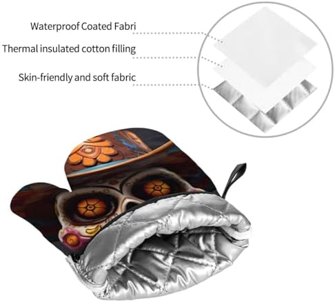 4-Piece Waterproof Oven Mitt Set Heat-Resistant Mexican Halloween Skull Prints