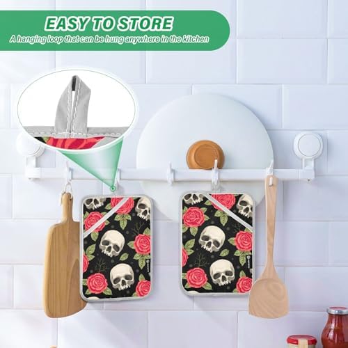 2Pcs Skull Red Roses Potholders with Pockets Non-Slip Mitts Set 1