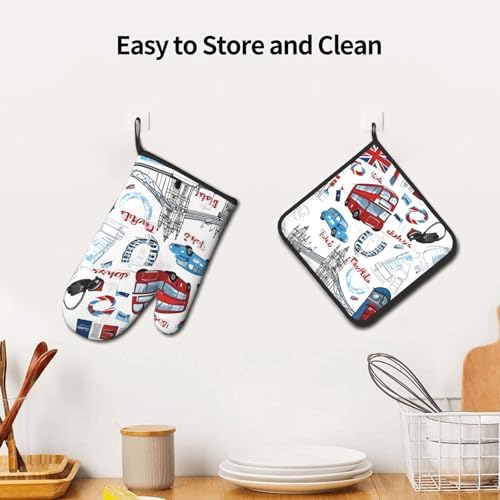 Quopvn London Printed Oven Mitts and Pot Holders 2pcs Set