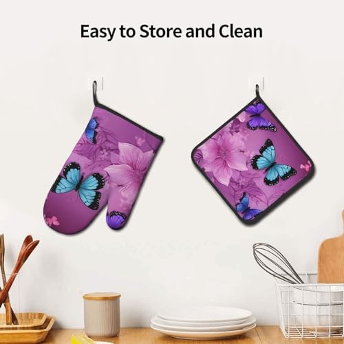 Quopvn Purple Butterflies Oven Mitts Pot Holders Non-Slip Kitchen Glove Set