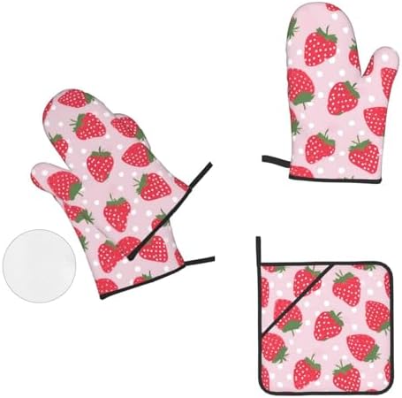 Strawberry-Printed Oven Mitts Pot Holders Set